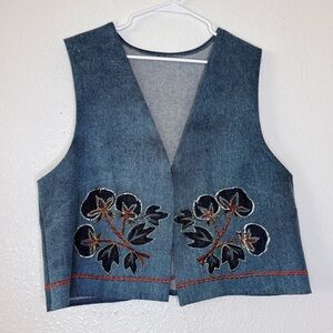 Homemade Vintage Sewn Appliqué Denim Floral Metallic Open Front Vest Large